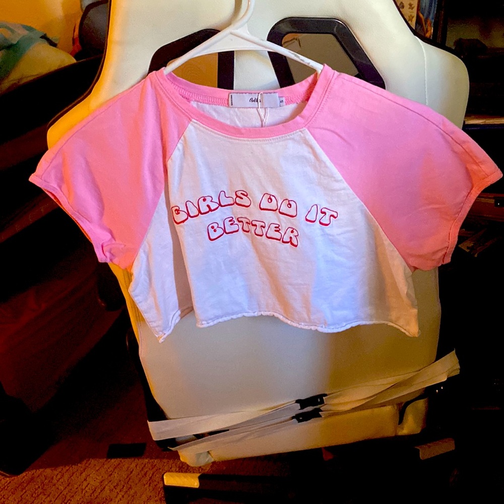 COPY - “Girls do it better”pink and white tank top with a rolled bottom